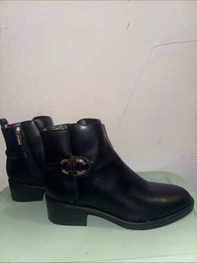 Tommy Hilfiger Black Leather Ankle Booties with Gold Hardware